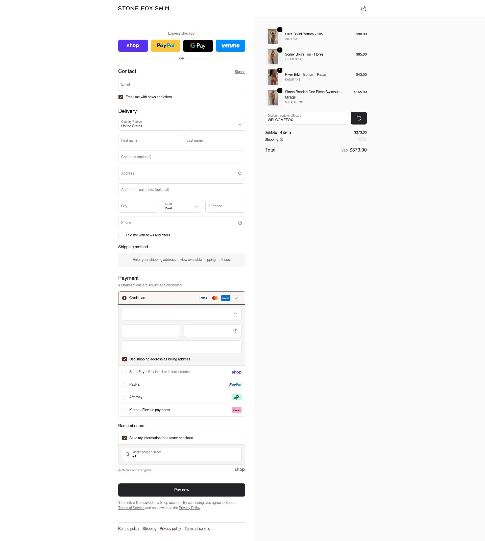 Stone Fox Swim checkout page showing Stone Fox Swim promo code box | Screenshot taken by SimplyCodes community member on Jan 25, 2026