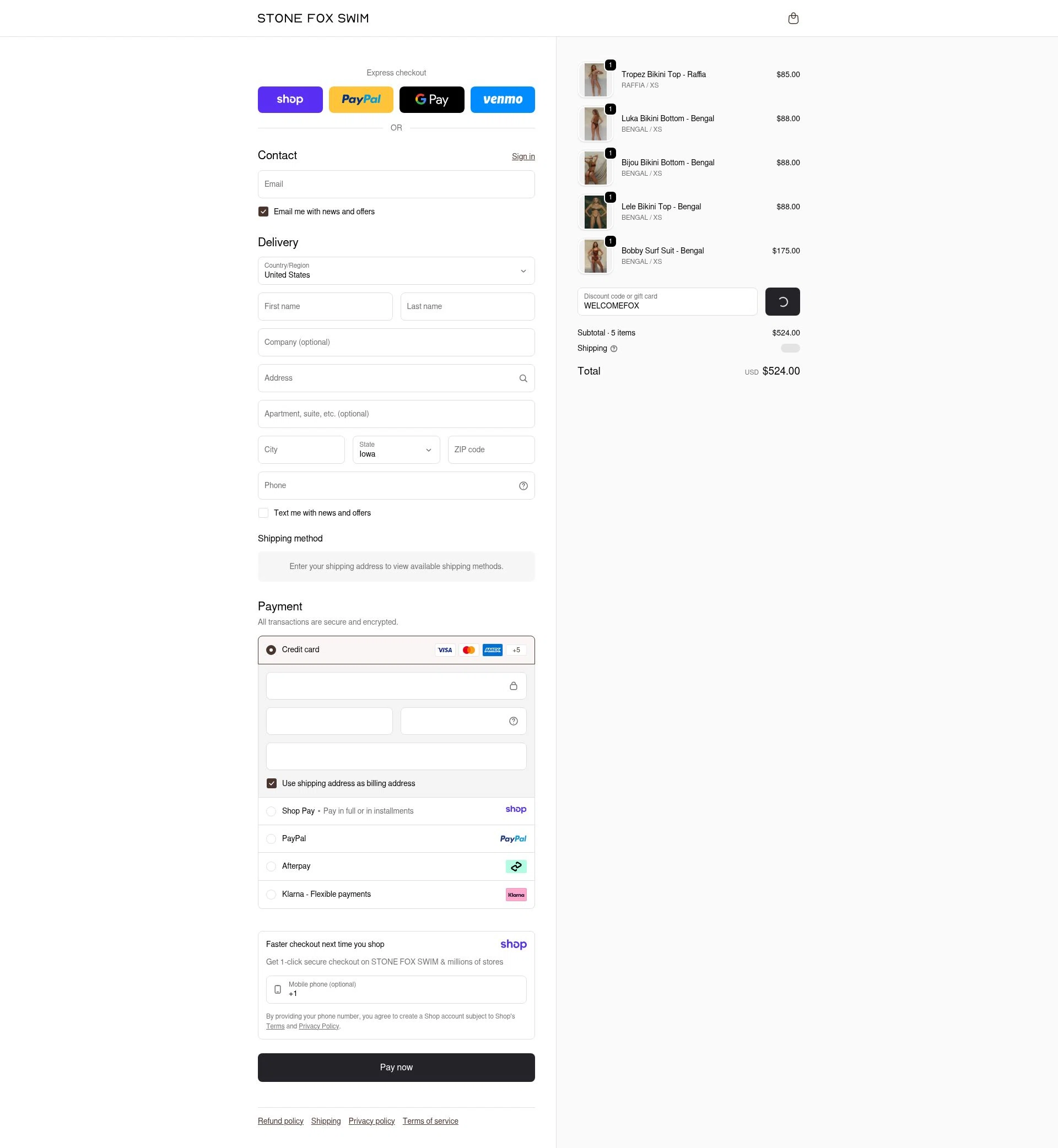 Stone Fox Swim checkout page showing Stone Fox Swim promo code box | Screenshot taken by SimplyCodes community member on Jan 10, 2026