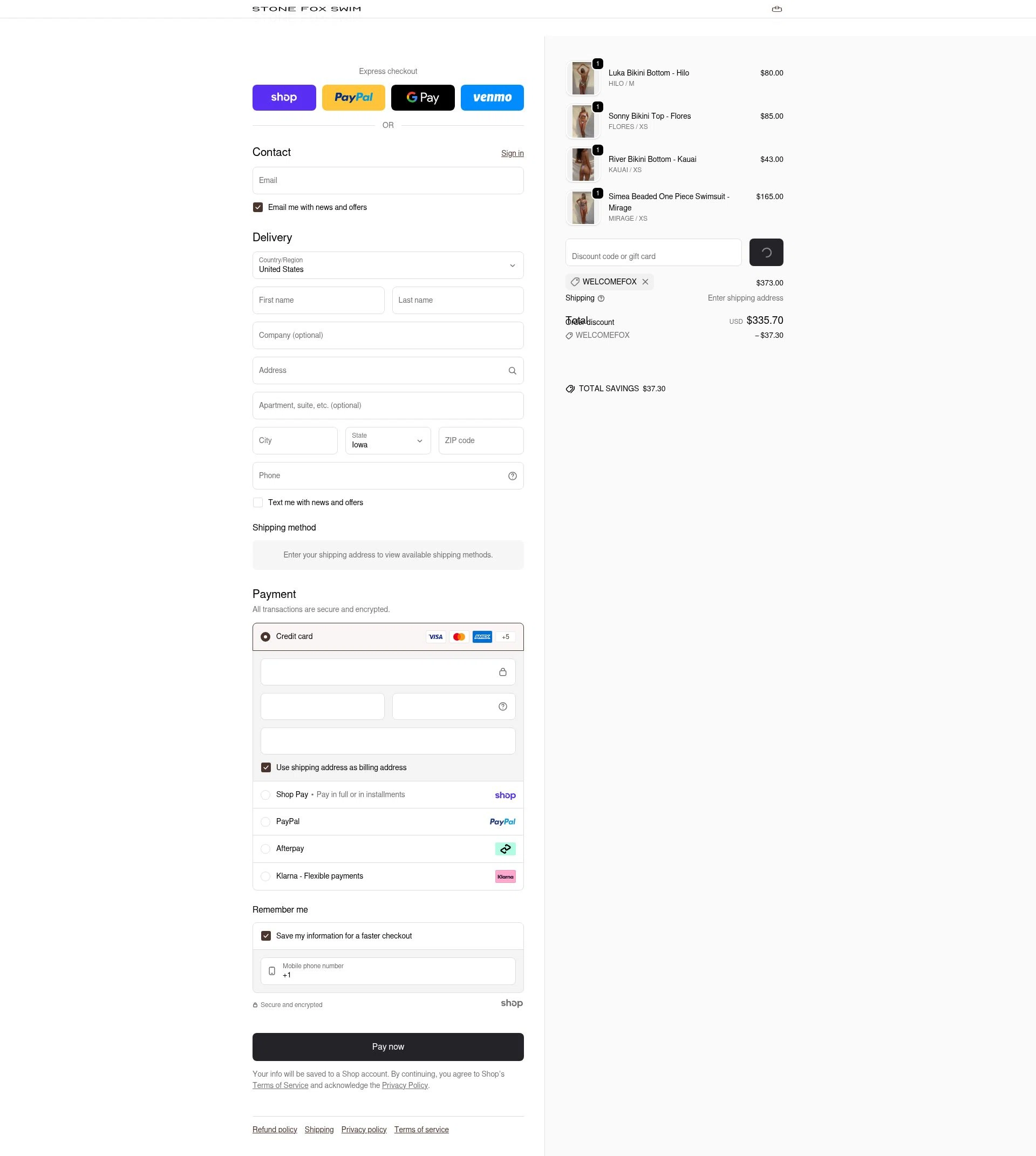 Stone Fox Swim checkout page showing Stone Fox Swim promo code box | Screenshot taken by SimplyCodes community member on Jan 29, 2026