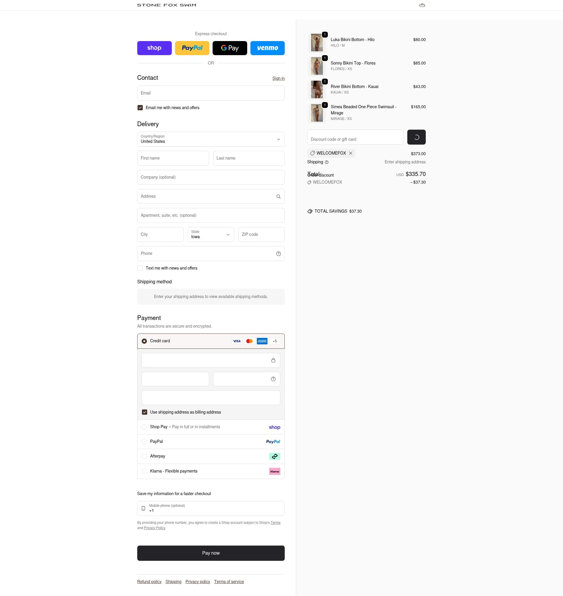 Stone Fox Swim checkout page showing Stone Fox Swim promo code box | Screenshot taken by SimplyCodes community member on Feb 11, 2026