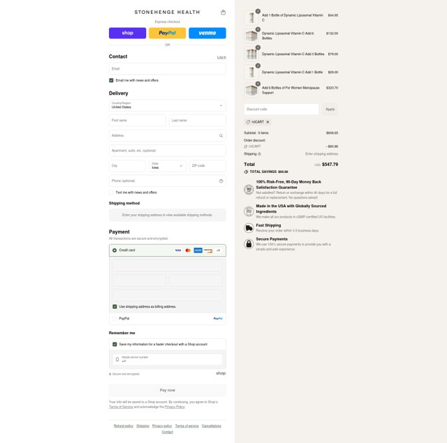 Stonehenge Health checkout page showing Stonehenge Health coupon code box | Screenshot taken by SimplyCodes community member on Sep 7, 2025