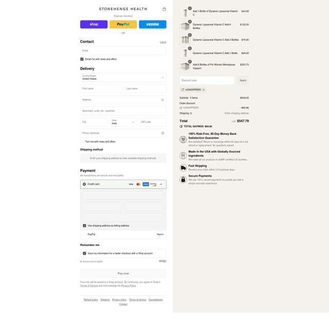Stonehenge Health checkout page showing Stonehenge Health coupon code box | Screenshot taken by SimplyCodes community member on Sep 7, 2025