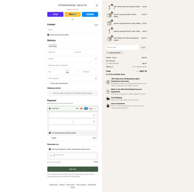 Stonehenge Health checkout page showing Stonehenge Health coupon code box | Screenshot taken by SimplyCodes community member on Sep 7, 2025