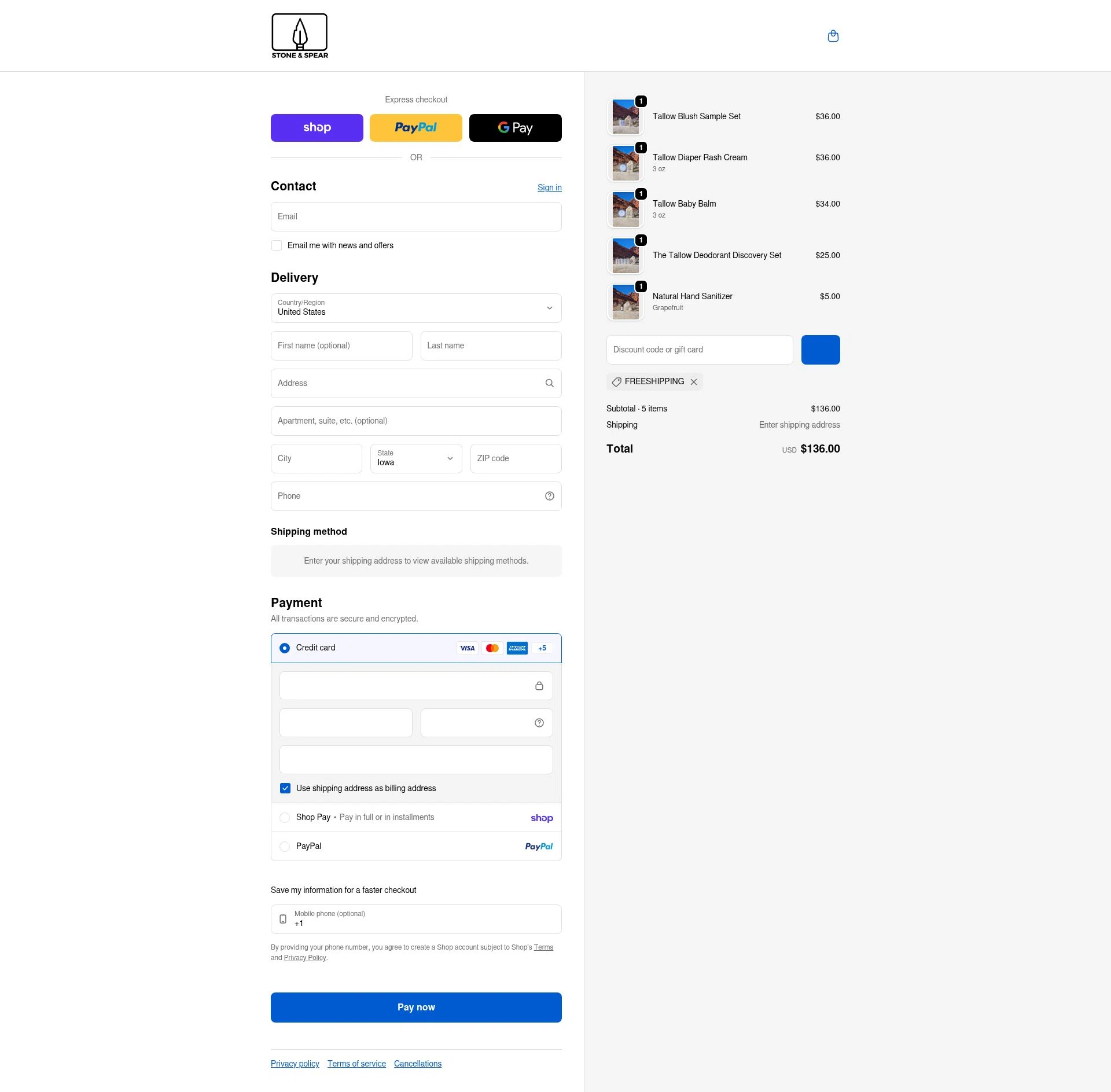 Stone & Spear checkout page showing Stone & Spear promo code box | Screenshot taken by SimplyCodes community member on Feb 20, 2026