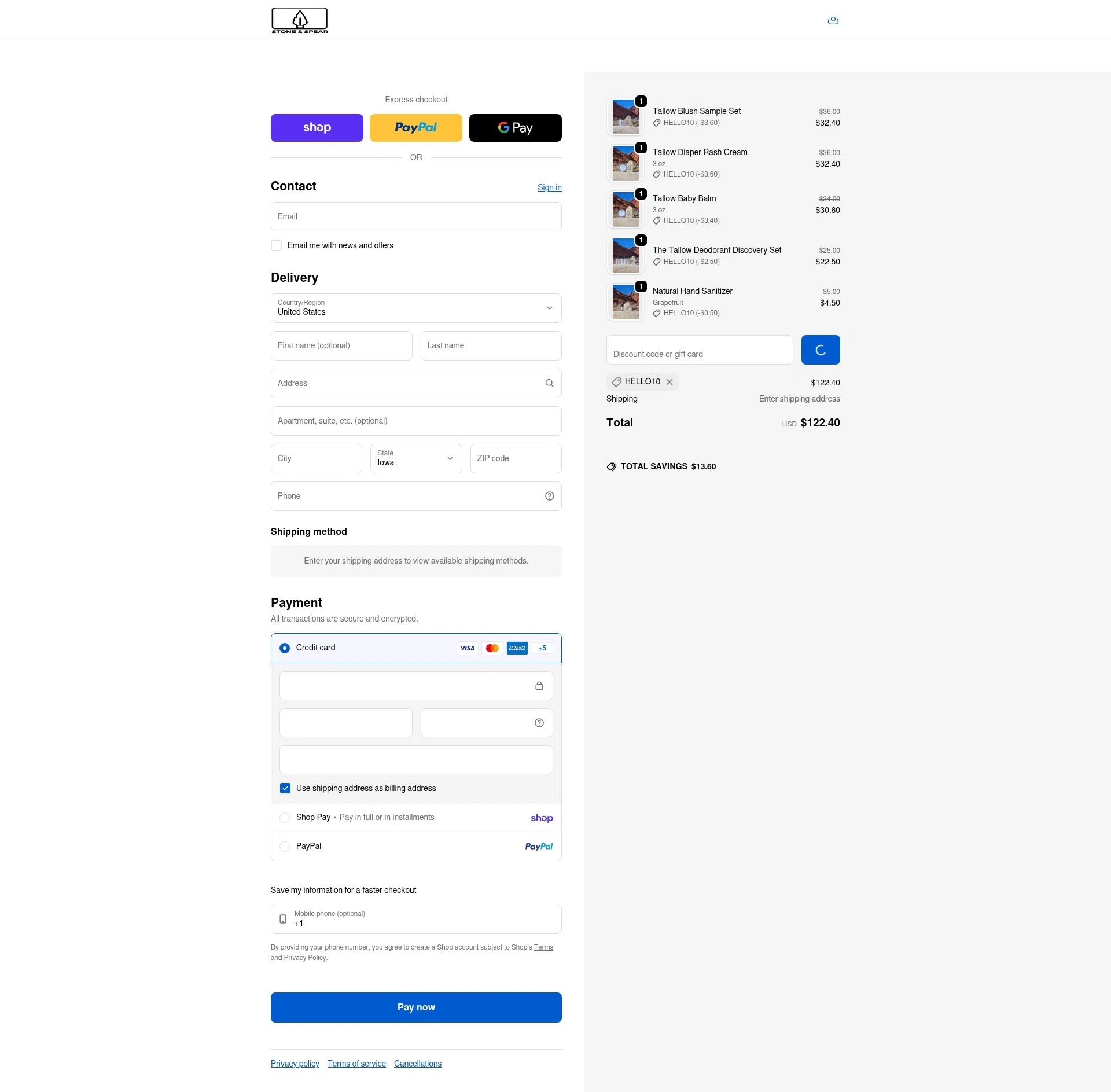 Stone & Spear checkout page showing Stone & Spear promo code box | Screenshot taken by SimplyCodes community member on Feb 20, 2026