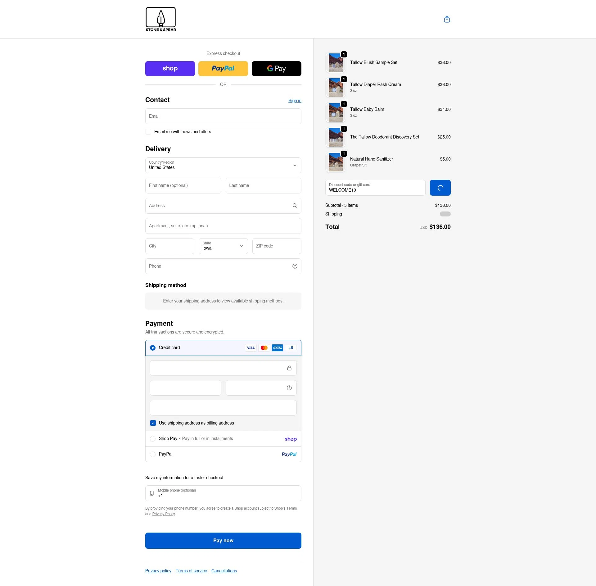 Stone & Spear checkout page showing Stone & Spear promo code box | Screenshot taken by SimplyCodes community member on Feb 20, 2026