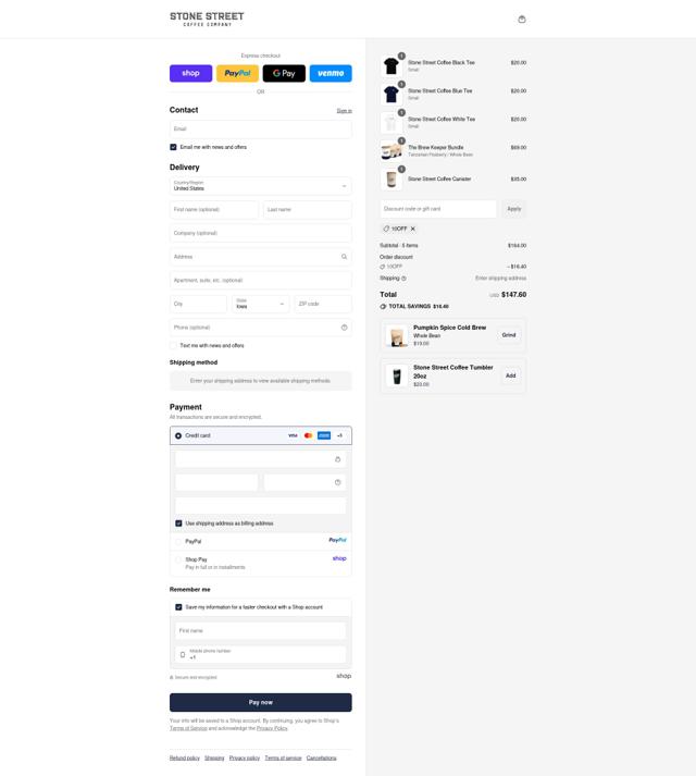Stone Street Coffee checkout page showing Stone Street Coffee coupon code box | Screenshot taken by SimplyCodes community member on Sep 12, 2025