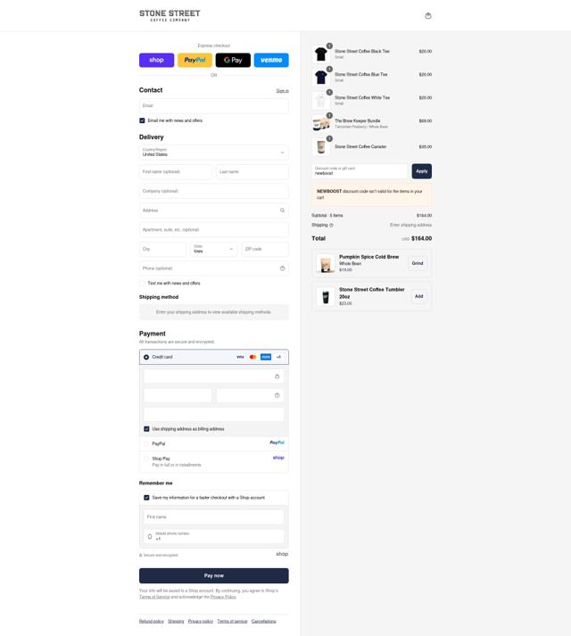 Stone Street Coffee checkout page showing Stone Street Coffee coupon code box | Screenshot taken by SimplyCodes community member on Sep 12, 2025