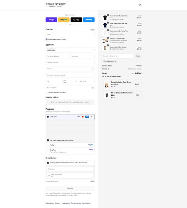 Stone Street Coffee checkout page showing Stone Street Coffee coupon code box | Screenshot taken by SimplyCodes community member on Sep 12, 2025