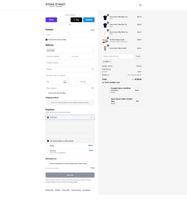 Stone Street Coffee checkout page showing Stone Street Coffee coupon code box | Screenshot taken by SimplyCodes community member on Sep 12, 2025