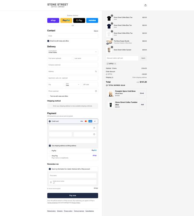 Stone Street Coffee checkout page showing Stone Street Coffee coupon code box | Screenshot taken by SimplyCodes community member on Sep 12, 2025