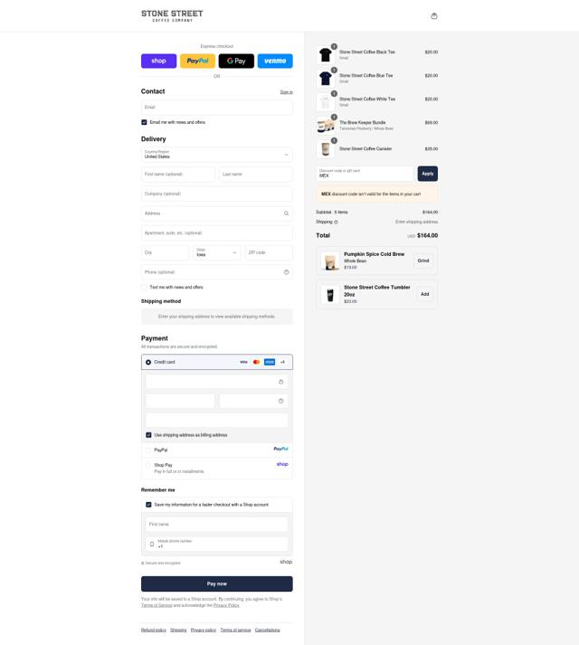 Stone Street Coffee checkout page showing Stone Street Coffee coupon code box | Screenshot taken by SimplyCodes community member on Sep 12, 2025