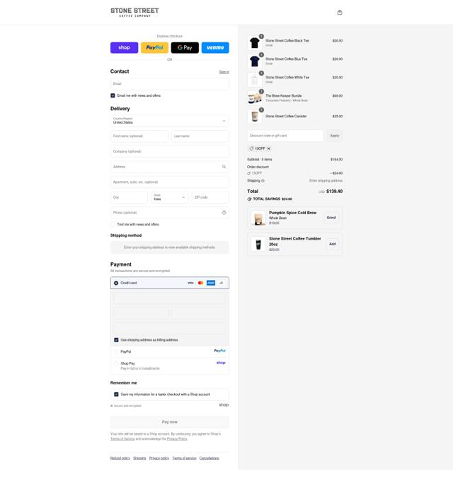 Stone Street Coffee checkout page showing Stone Street Coffee coupon code box | Screenshot taken by SimplyCodes community member on Sep 12, 2025
