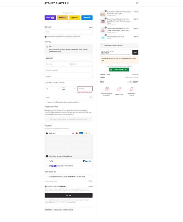 Stoney Clover Lane checkout page showing Stoney Clover Lane coupon code box | Screenshot taken by SimplyCodes community member on Aug 5, 2025