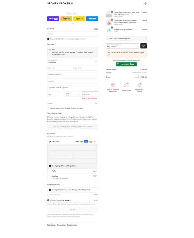 Stoney Clover Lane checkout page showing Stoney Clover Lane coupon code box | Screenshot taken by SimplyCodes community member on Aug 22, 2025