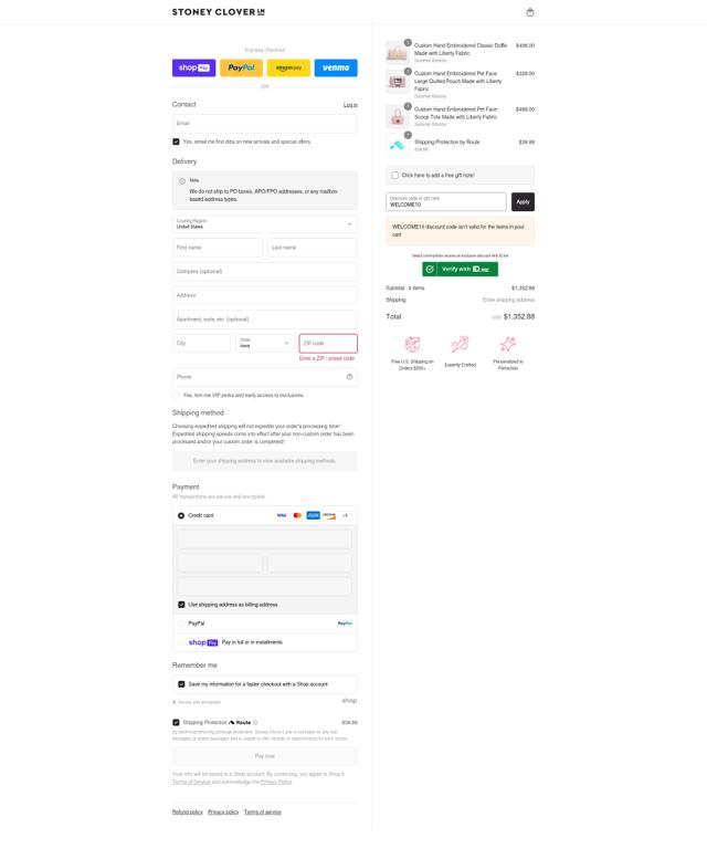 Stoney Clover Lane checkout page showing Stoney Clover Lane coupon code box | Screenshot taken by SimplyCodes community member on Aug 13, 2025