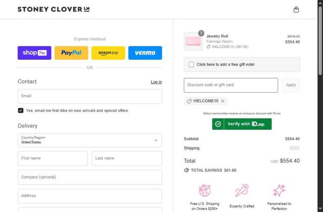 Stoney Clover Lane checkout page showing Stoney Clover Lane coupon code box | Screenshot taken by SimplyCodes community member on Jul 31, 2025