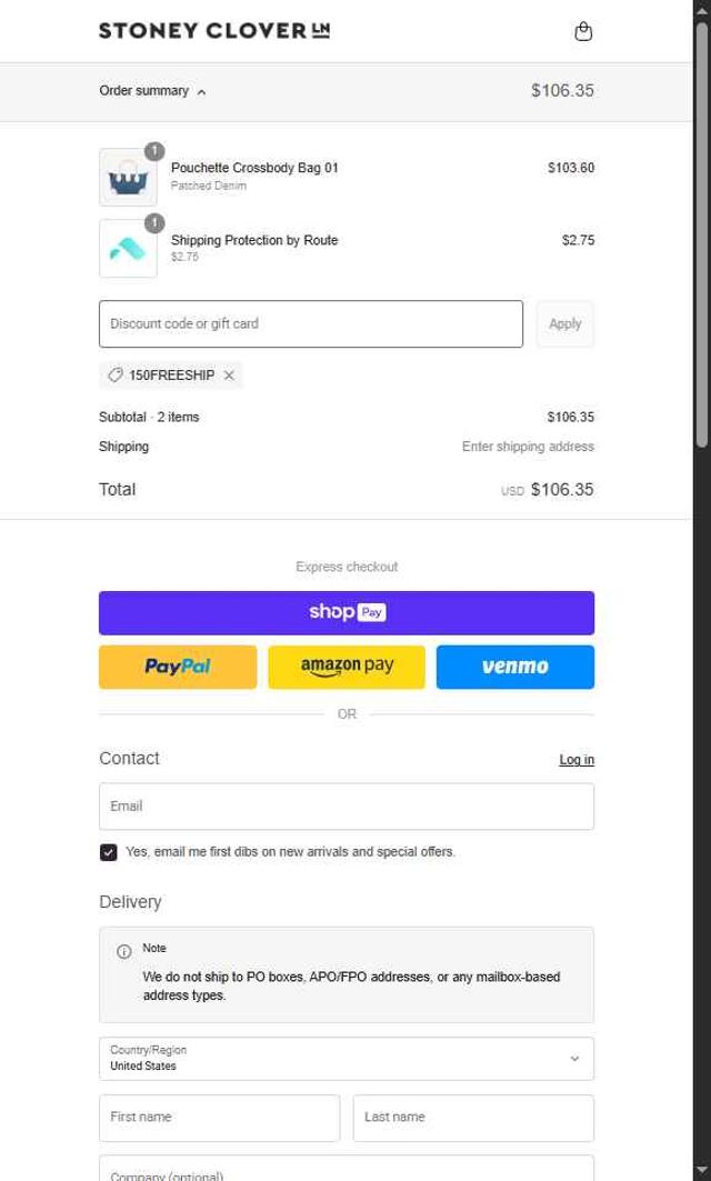 Stoney Clover Lane checkout page showing Stoney Clover Lane coupon code box | Screenshot taken by SimplyCodes community member on Aug 20, 2025