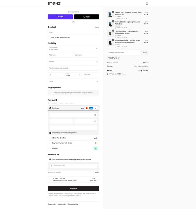 Stonz checkout page showing Stonz promo code box | Screenshot taken by SimplyCodes community member on Sep 12, 2025