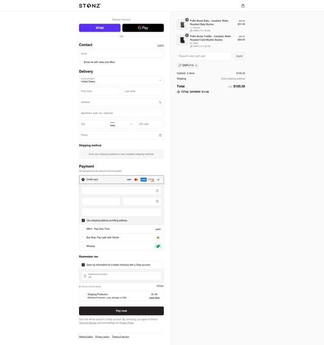 Stonz checkout page showing Stonz promo code box | Screenshot taken by SimplyCodes community member on Aug 30, 2025