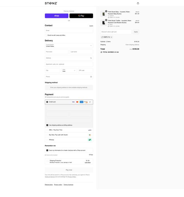 Stonz checkout page showing Stonz promo code box | Screenshot taken by SimplyCodes community member on Sep 4, 2025