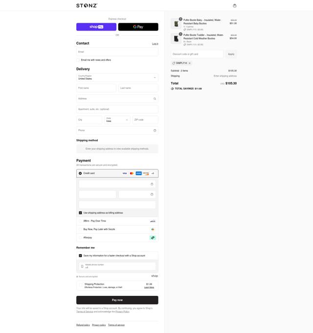 Stonz checkout page showing Stonz promo code box | Screenshot taken by SimplyCodes community member on Aug 22, 2025