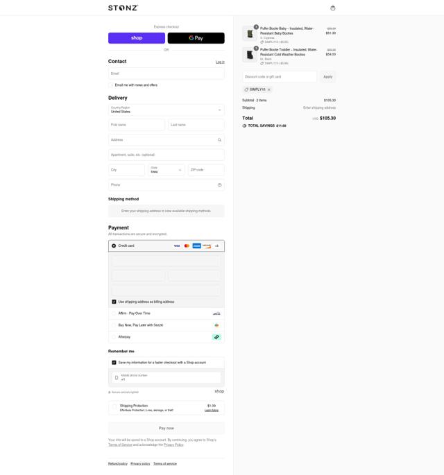 Stonz checkout page showing Stonz promo code box | Screenshot taken by SimplyCodes community member on Sep 8, 2025
