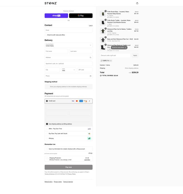 Stonz checkout page showing Stonz promo code box | Screenshot taken by SimplyCodes community member on Aug 17, 2025
