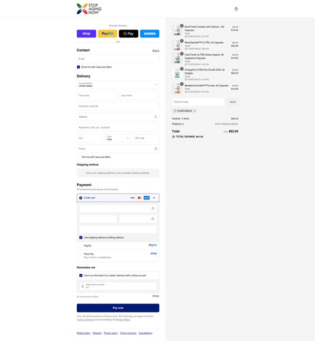 Stop Aging Now checkout page showing Stop Aging Now promo code box | Screenshot taken by SimplyCodes community member on Sep 12, 2025