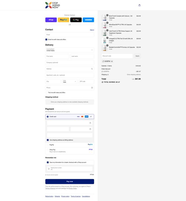 Stop Aging Now checkout page showing Stop Aging Now promo code box | Screenshot taken by SimplyCodes community member on Sep 12, 2025