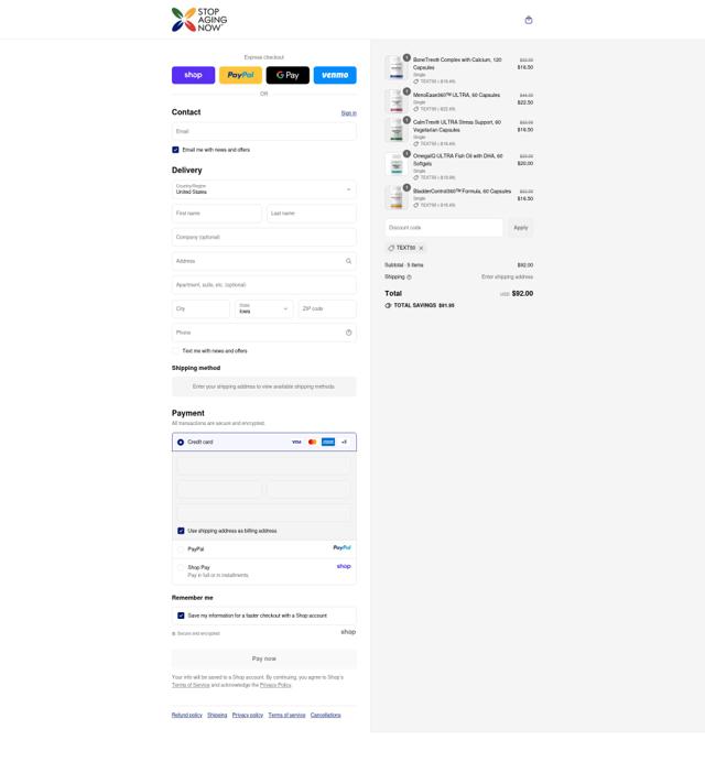 Stop Aging Now checkout page showing Stop Aging Now promo code box | Screenshot taken by SimplyCodes community member on Sep 12, 2025