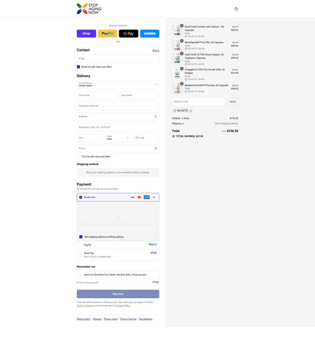 Stop Aging Now checkout page showing Stop Aging Now promo code box | Screenshot taken by SimplyCodes community member on Sep 12, 2025