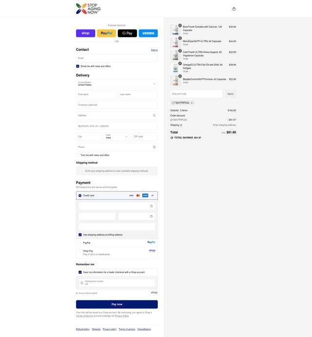 Stop Aging Now checkout page showing Stop Aging Now promo code box | Screenshot taken by SimplyCodes community member on Sep 12, 2025