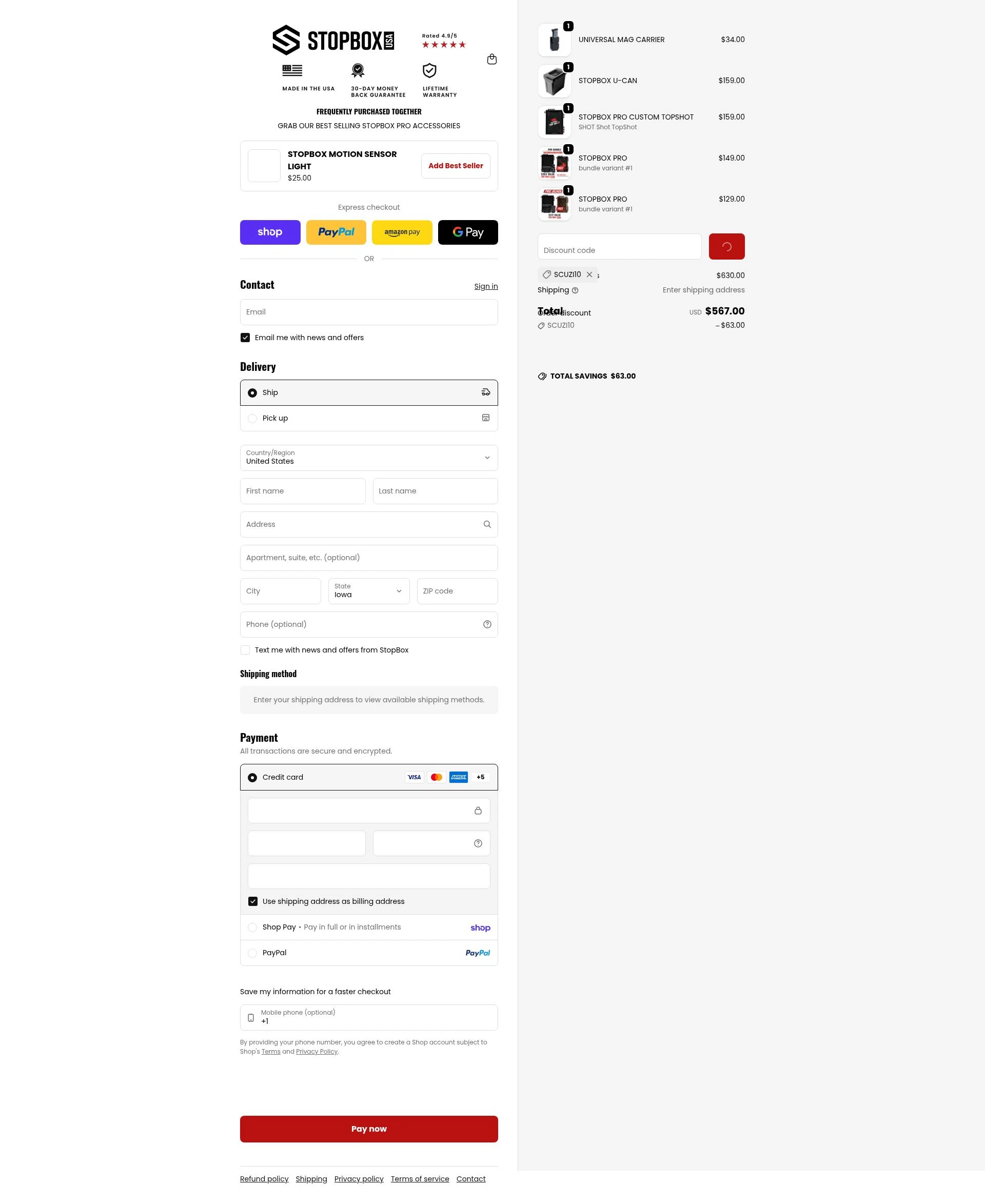 StopBox USA checkout page showing StopBox USA discount code box | Screenshot taken by SimplyCodes community member on Feb 8, 2026