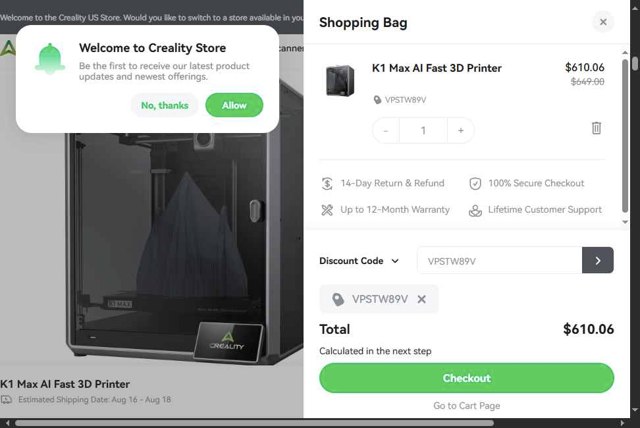 Creality Store checkout page showing Creality Store coupon code box | Screenshot taken by SimplyCodes community member on Aug 16, 2025