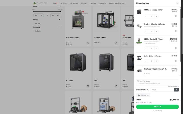 Creality Store checkout page showing Creality Store coupon code box | Screenshot taken by SimplyCodes community member on Aug 22, 2025