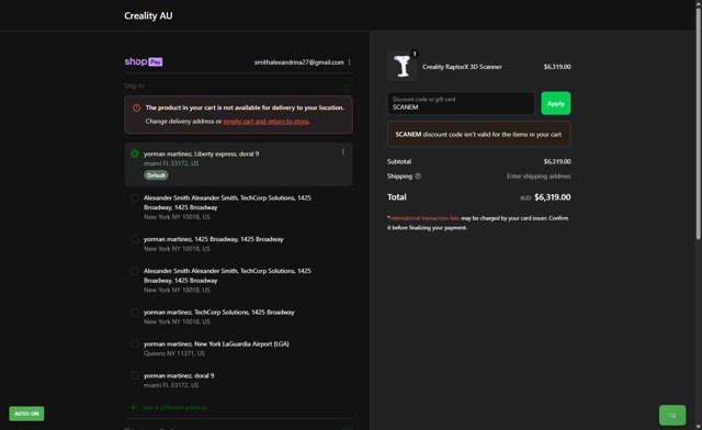 Creality Store checkout page showing Creality Store coupon code box | Screenshot taken by SimplyCodes community member on Aug 27, 2025