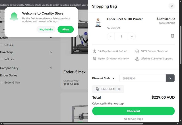 Creality Store checkout page showing Creality Store coupon code box | Screenshot taken by SimplyCodes community member on Aug 17, 2025
