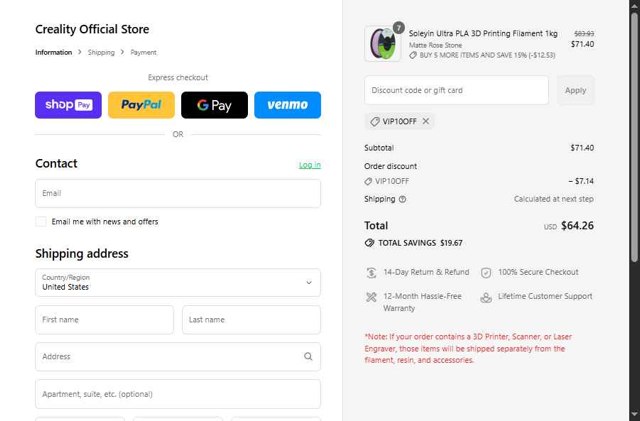 Creality Store checkout page showing Creality Store coupon code box | Screenshot taken by SimplyCodes community member on Aug 22, 2025