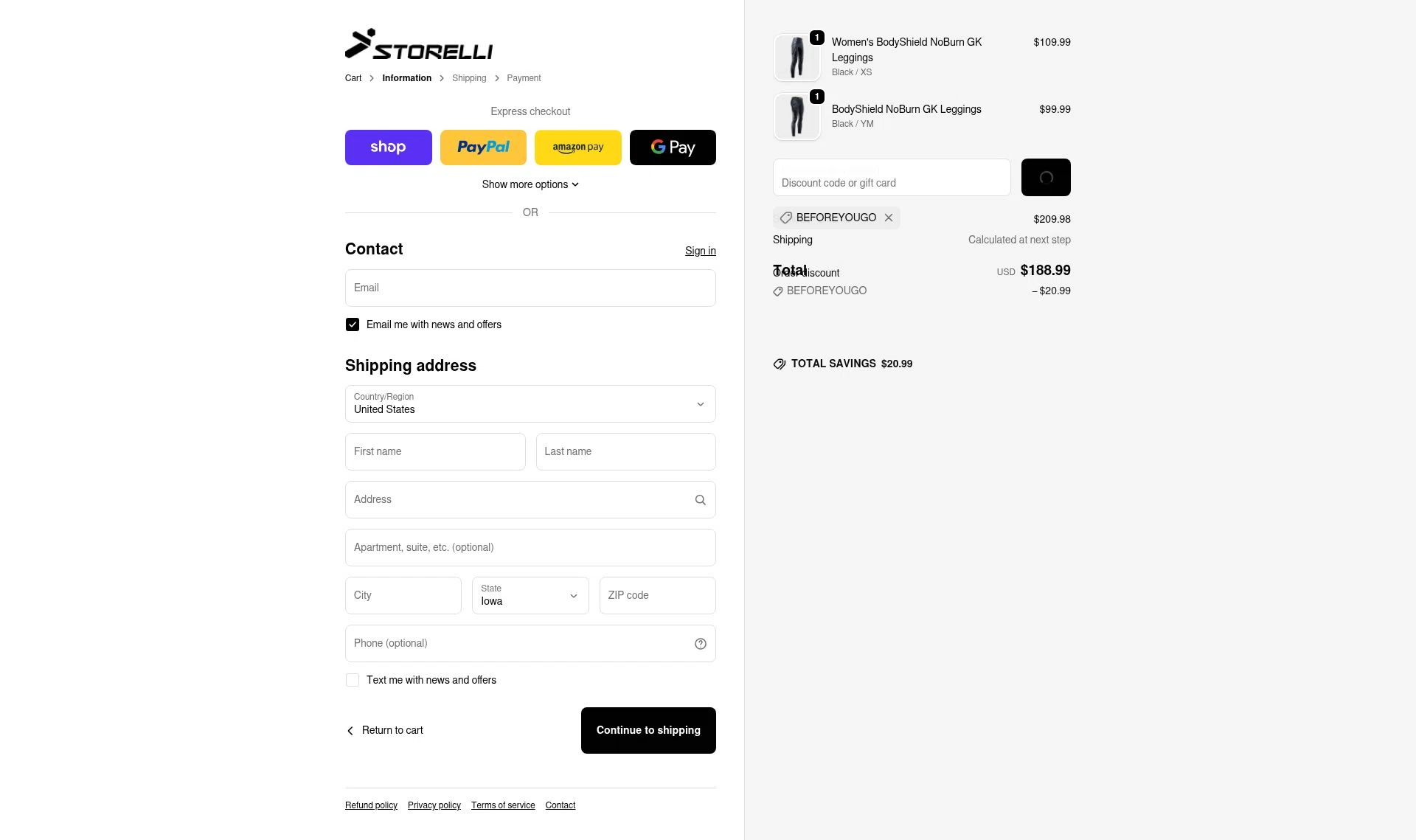 Storelli Sports checkout page showing Storelli Sports promo code box | Screenshot taken by SimplyCodes community member on Jan 28, 2026