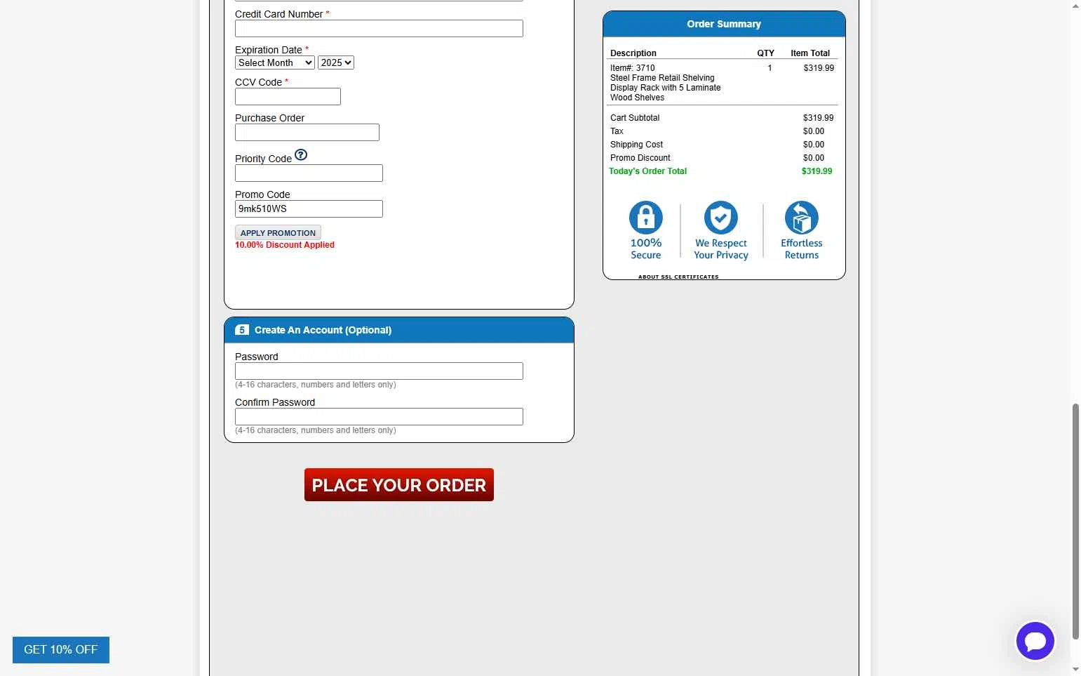 Specialty Store Services checkout page showing Specialty Store Services promo code box | Screenshot taken by SimplyCodes community member on Oct 15, 2025