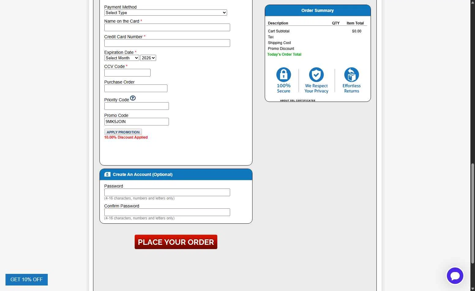 Specialty Store Services checkout page showing Specialty Store Services promo code box | Screenshot taken by SimplyCodes community member on Jan 31, 2026