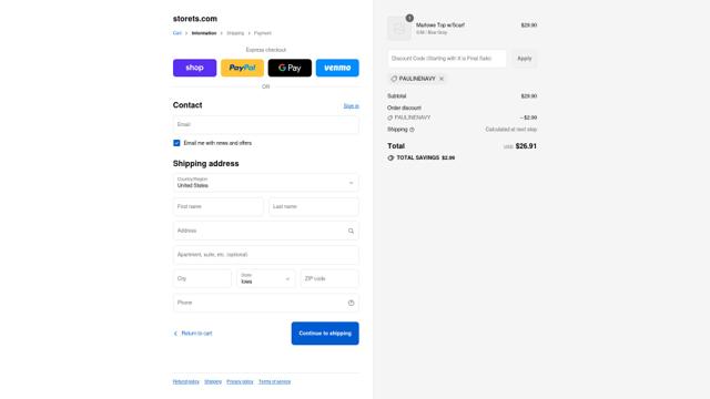 Storets checkout page showing Storets promo code box | Screenshot taken by SimplyCodes community member on Sep 12, 2025