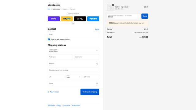 Storets checkout page showing Storets promo code box | Screenshot taken by SimplyCodes community member on Sep 12, 2025