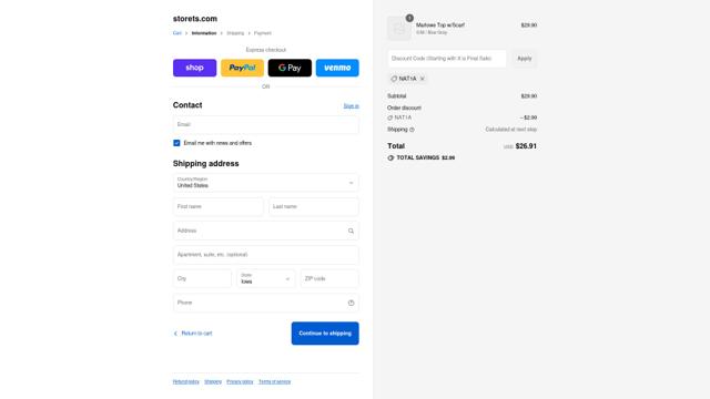 Storets checkout page showing Storets promo code box | Screenshot taken by SimplyCodes community member on Sep 12, 2025