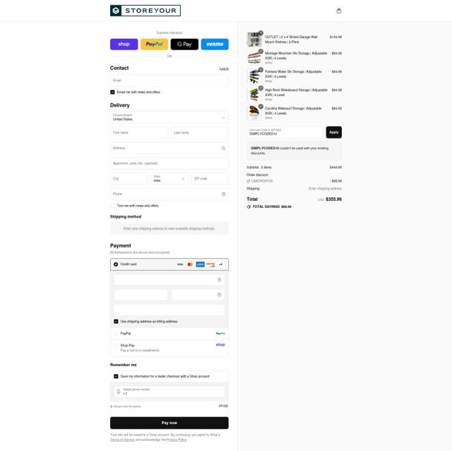StoreYourBoard checkout page showing StoreYourBoard discount code box | Screenshot taken by SimplyCodes community member on Sep 2, 2025
