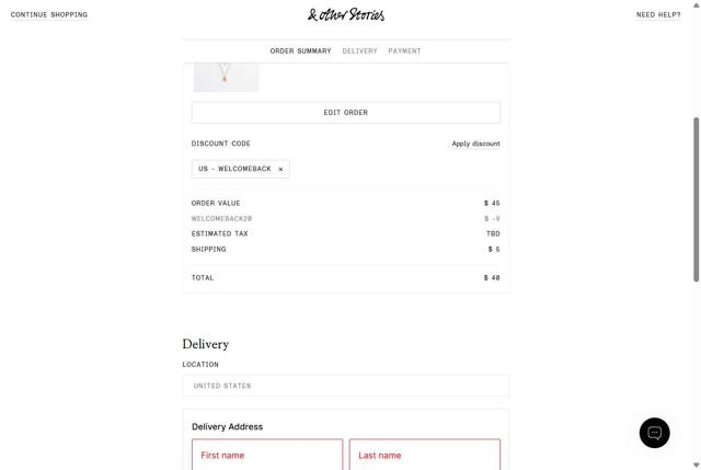& Other Stories checkout page showing & Other Stories promo code box | Screenshot taken by SimplyCodes community member on Aug 22, 2025