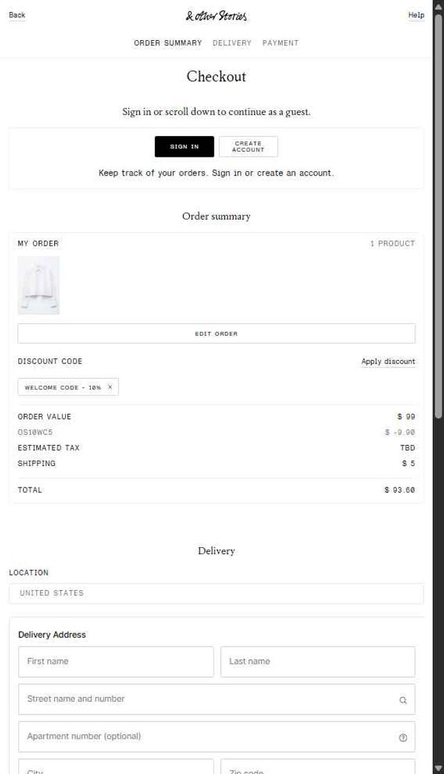 & Other Stories checkout page showing & Other Stories promo code box | Screenshot taken by SimplyCodes community member on Aug 27, 2025