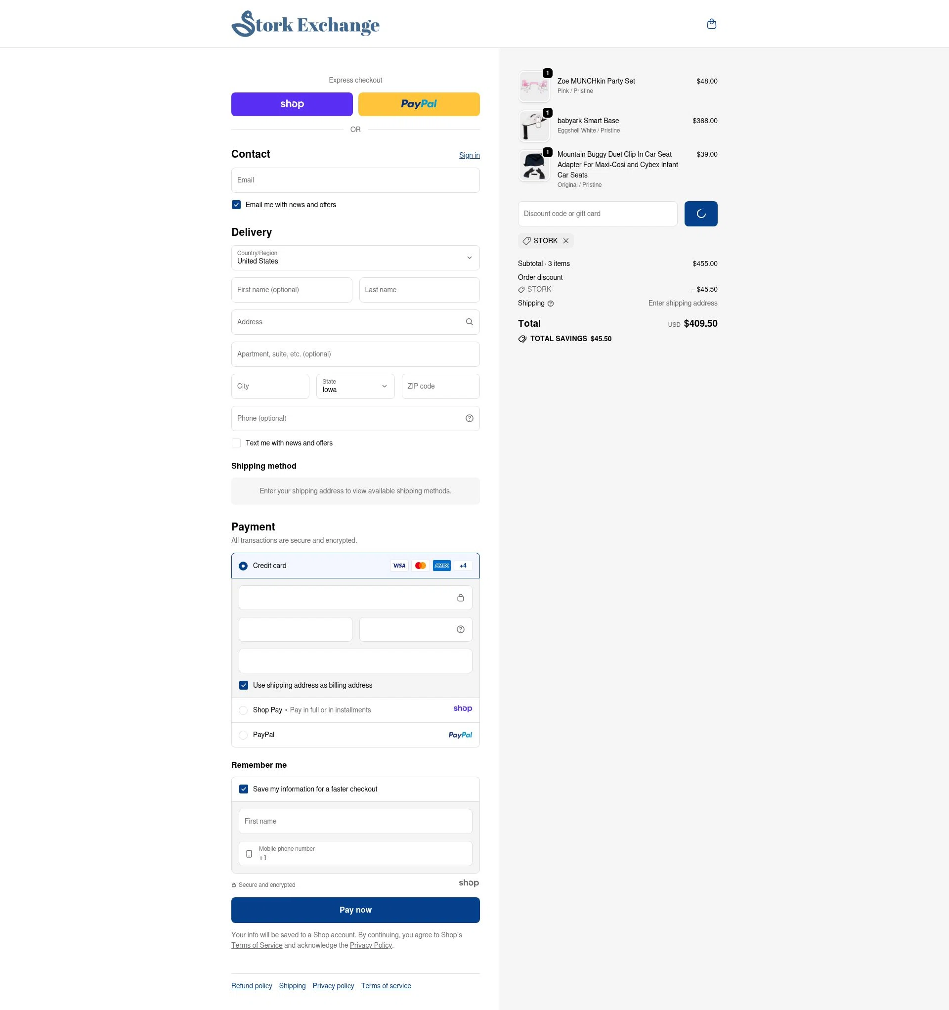 Stork Exchange checkout page showing Stork Exchange discount code box | Screenshot taken by SimplyCodes community member on Dec 30, 2025