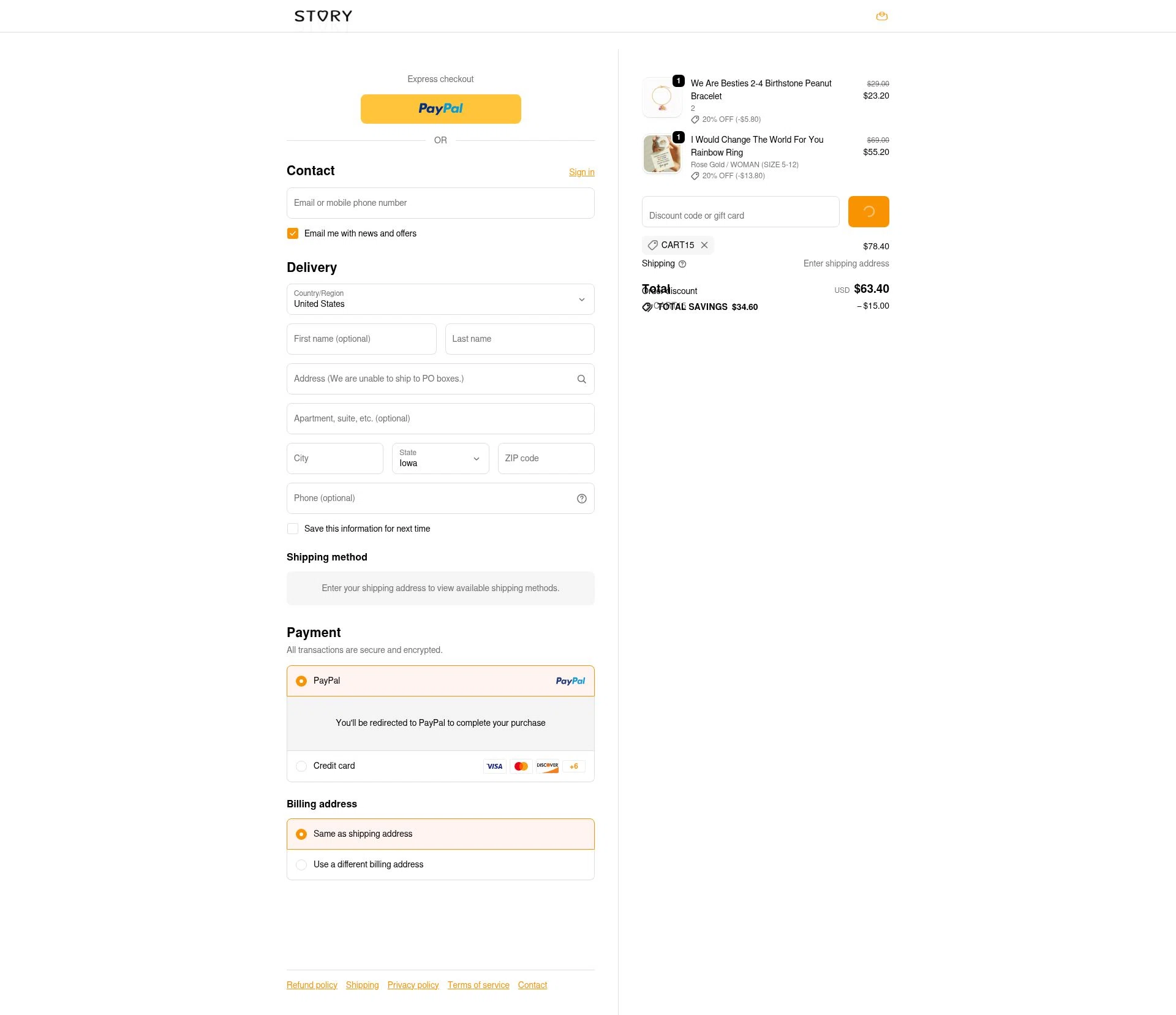 Story Jewellery checkout page showing Story Jewellery discount code box | Screenshot taken by SimplyCodes community member on Feb 18, 2026